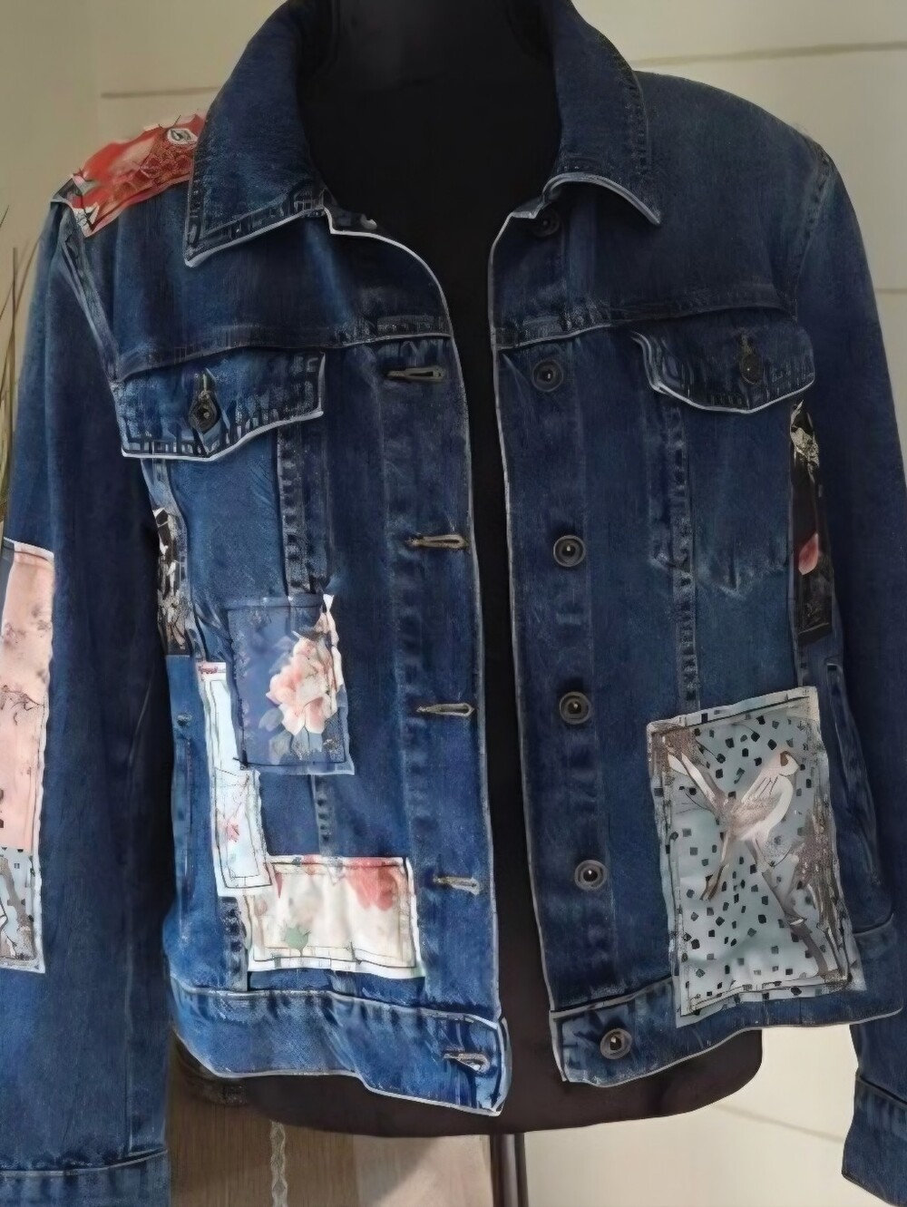 Desigual XL Denim Trucker Jacket Patchwork Mixed Media Artsy Western Boho-Chic
